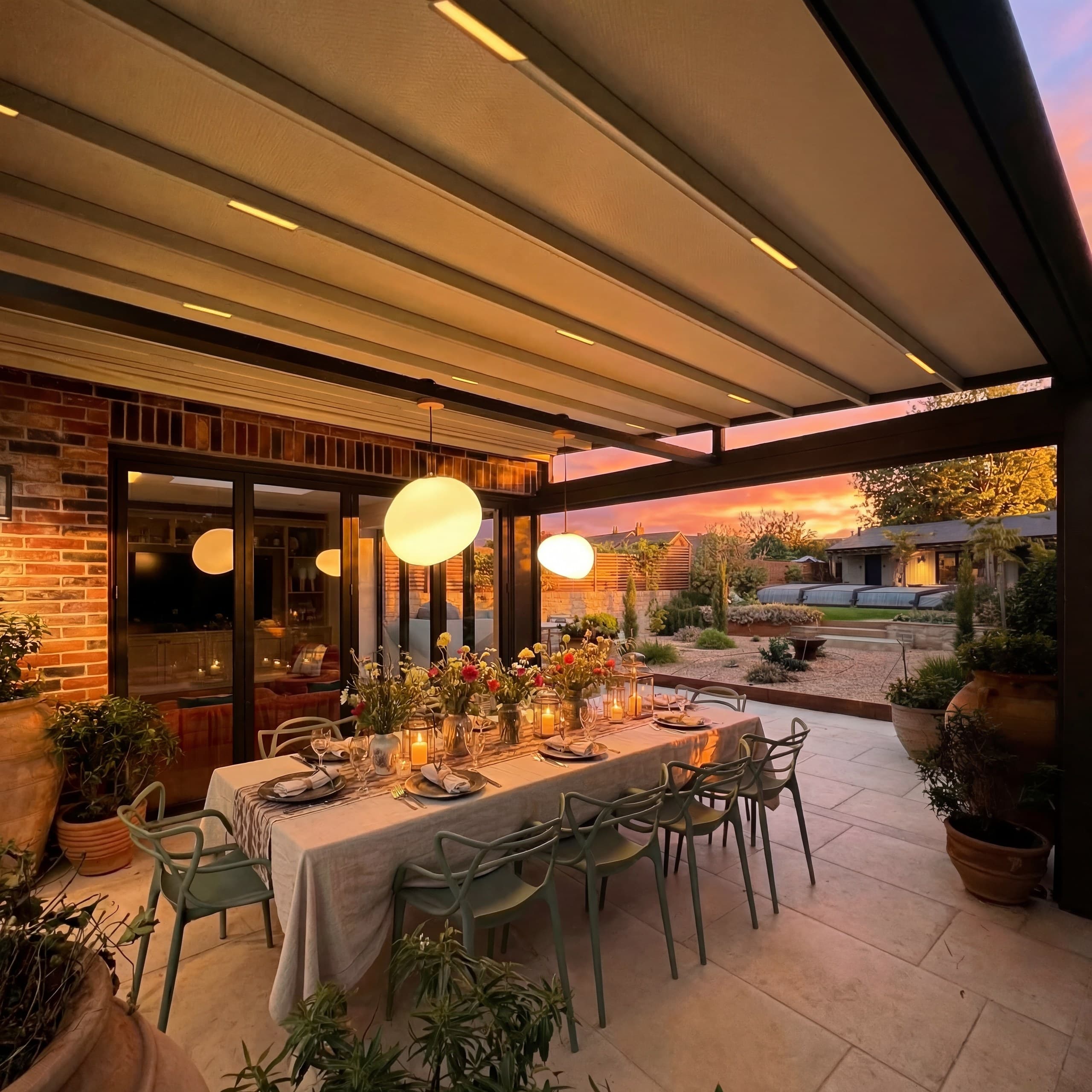 Bembridge Townhouse dining terrace with an Ottorigo Standard Series fabric roof