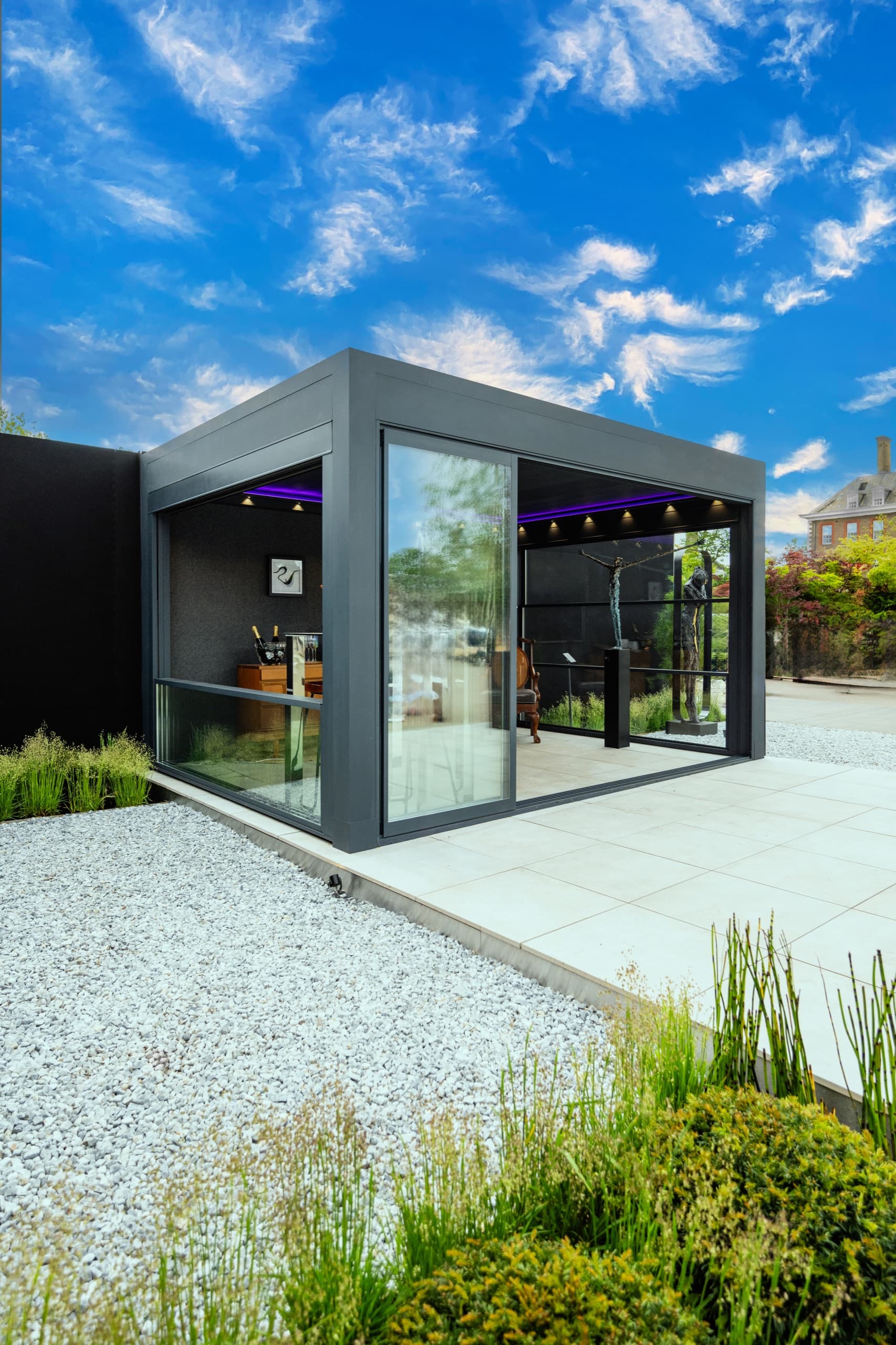 Framed sliding glass — open