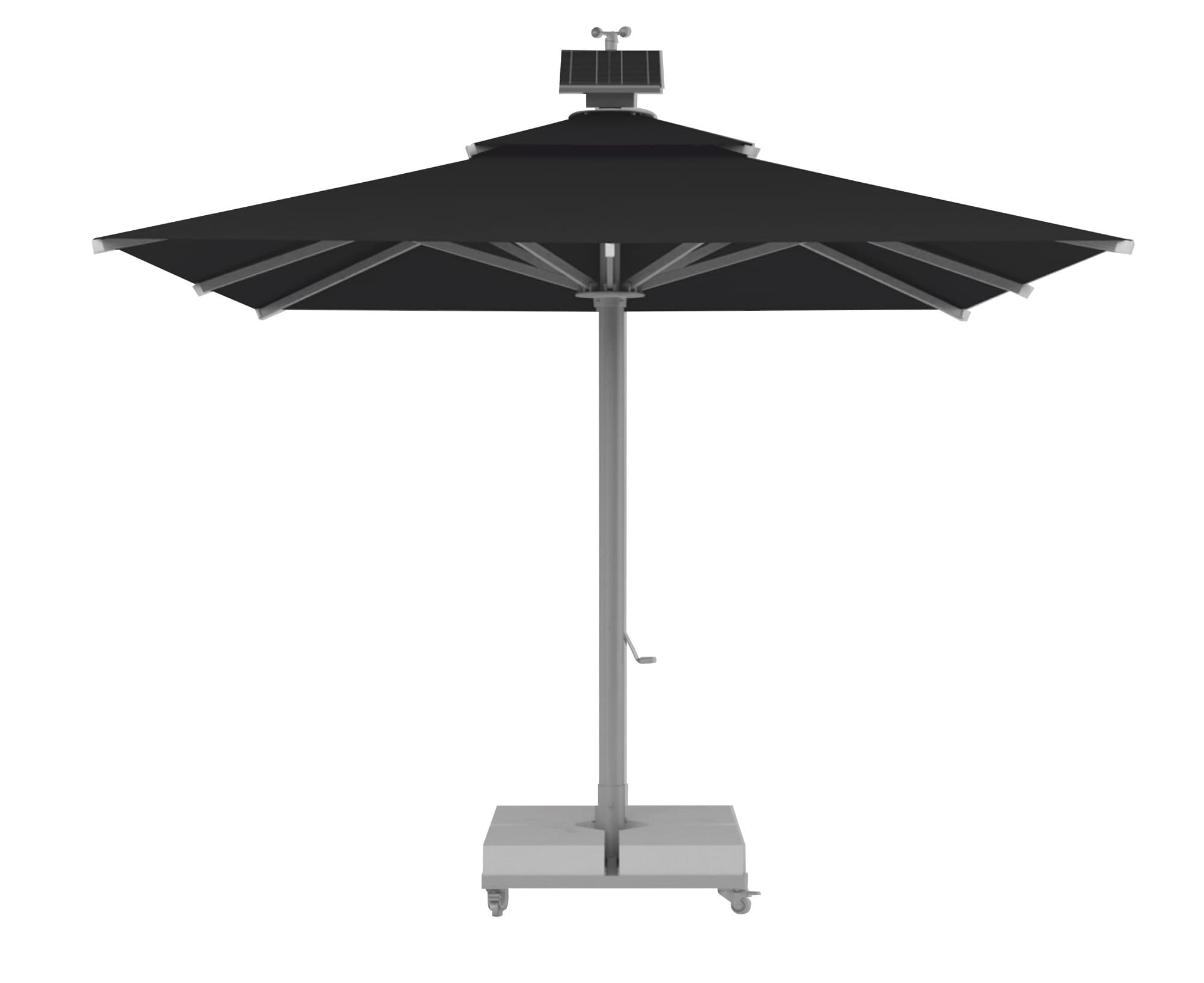 The Comfort parasol - a centre-pole parasol with a solar panel mounted above the canopy crown