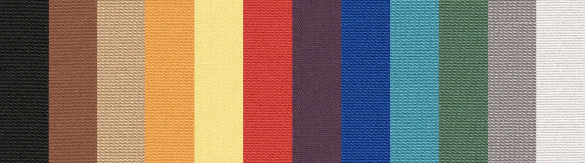 Woven solution-dyed acrylic parasol canopy fabric, shown as a run of colours side by side