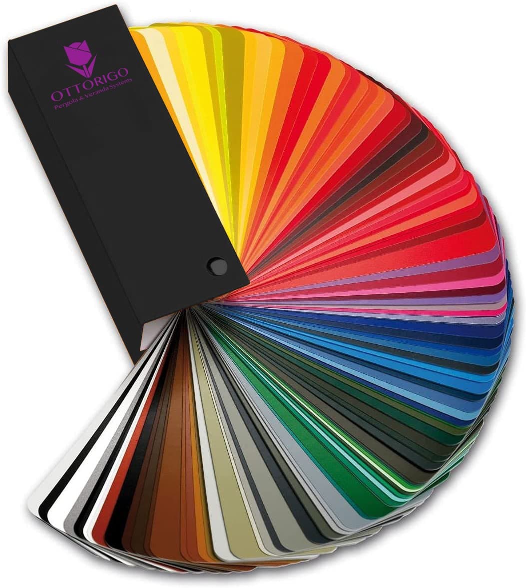 The Ottorigo colour deck, fanned open across yellows, reds, blues, greens, browns, greys, black and white